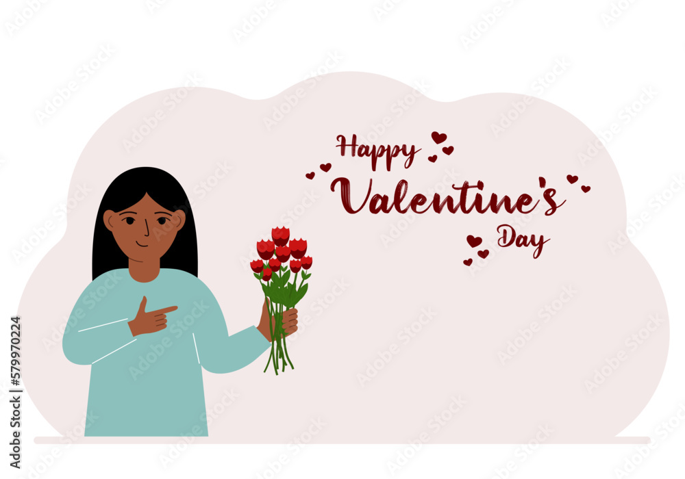 A happy little girl holds a bouquet of flowers in his hand. Next to the text Happy Valentine's Day. Concept for postcard, congratulations, banner or poster.
