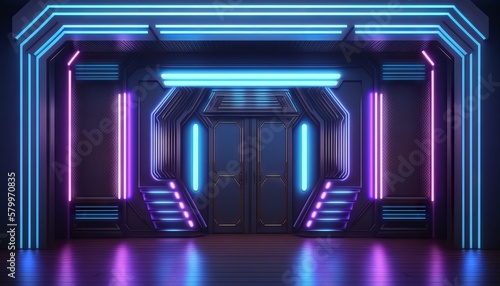 Vibrant Glowing purple and blue neon Laser on a Futuristic Sci-Fi Stage. Generative ai