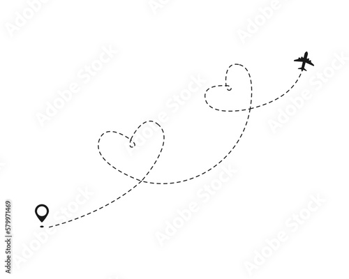 Airplane line path icon. Vector illustration of air plane flight route with line trace