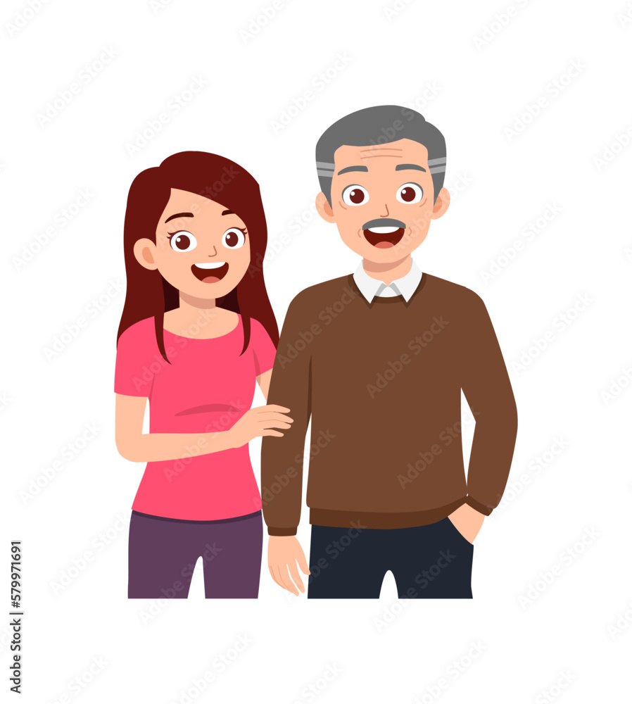 old parent standing with adult young child and smile old parent standing with adult young child and smile