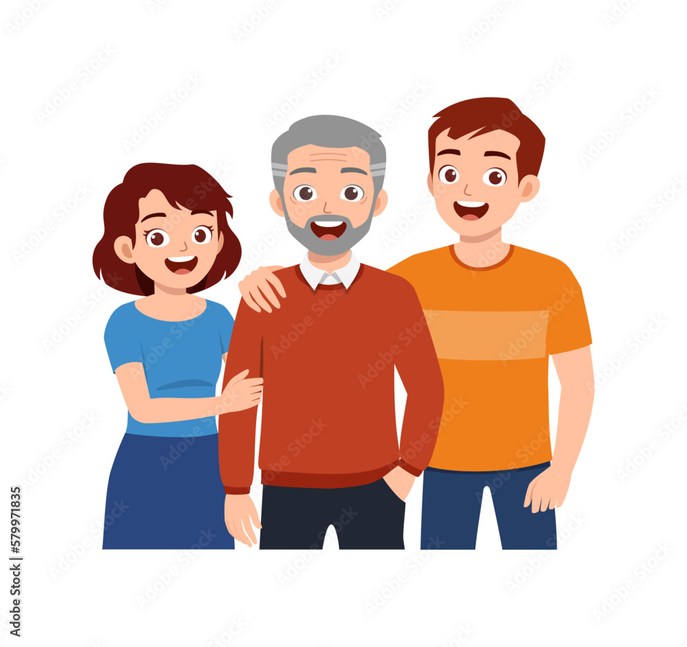 old parent standing with adult young child and smile old parent standing with adult young child and smile