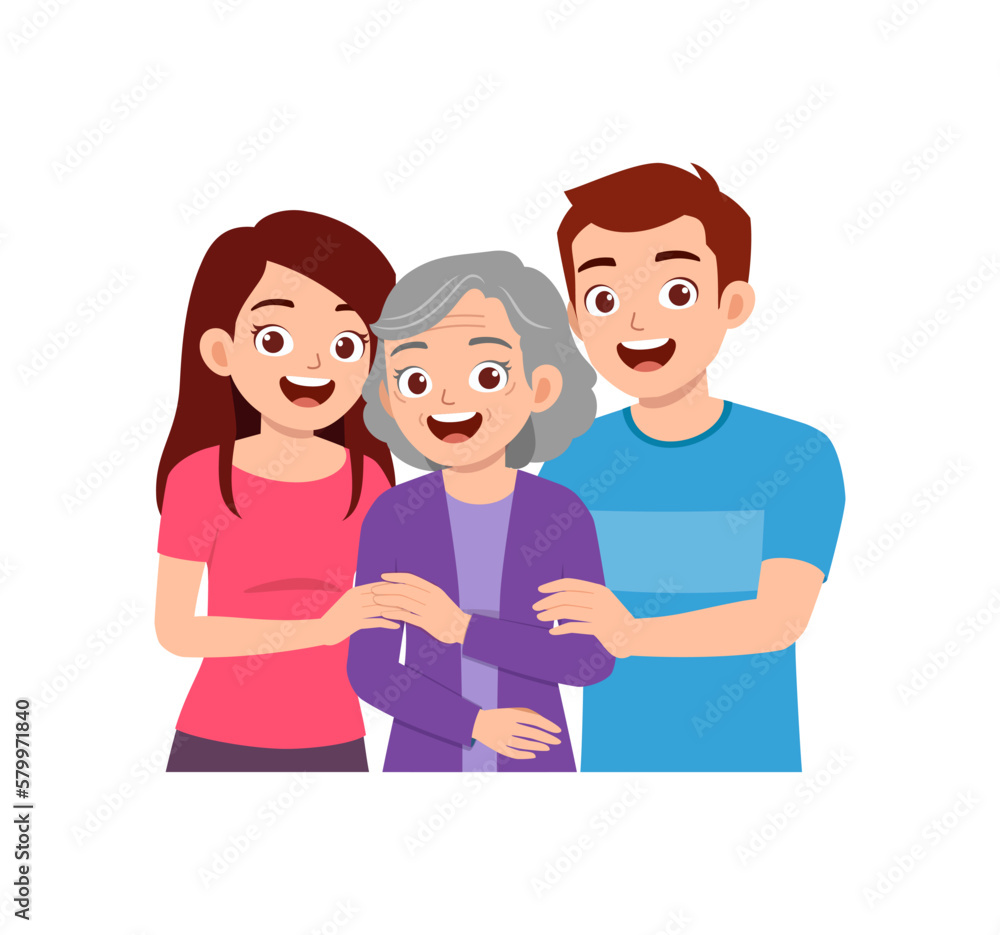 old parent standing with adult young child and smile old parent standing with adult young child and smile