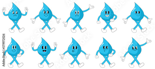 Vector cartoon drop stickers with funny comic characters, gloved hands. Groovy illustration with legs and arms.