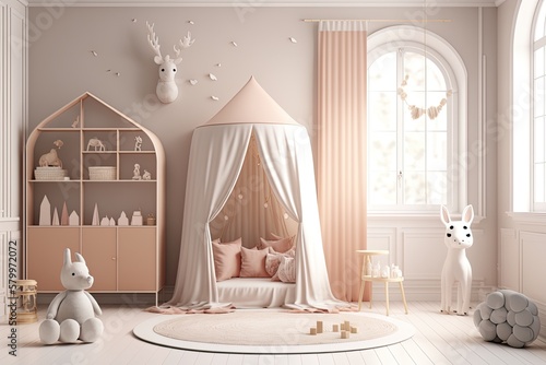 Pink scandinavian interior kids' bedroom with toys an dolls AI generated