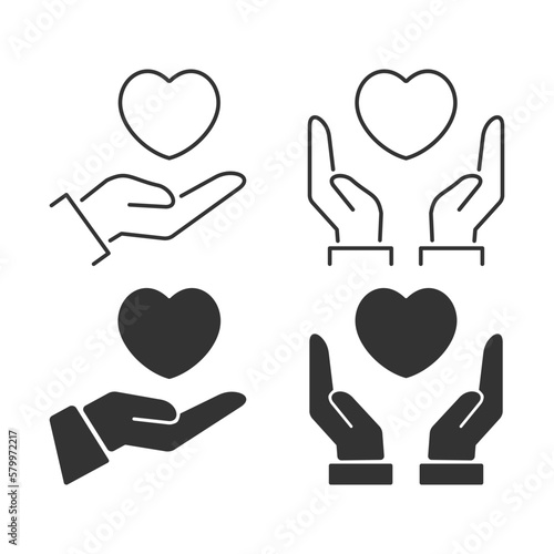 Heart in hand icons set. Hands holding heart icon. Love icon. Health, medicine symbol. Healthcare hands holding heart flat and line style - stock vector