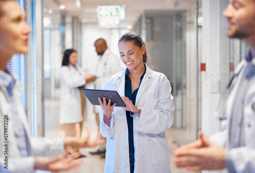 Happy woman doctor on tablet for employees management, hospital workflow and clinic staff solution on software or app. Healthcare manager on digital tech for medical team research or problem solving