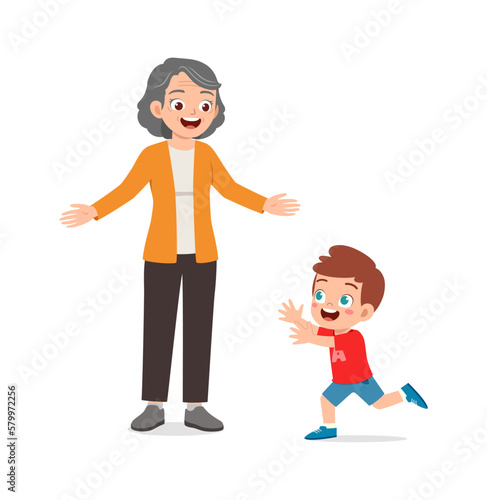 little kid hugging grandmother and feel happy