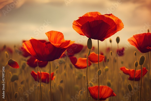 CLOSE-UP VIEW OF POPPIES IN A FIELD AT SUNSET