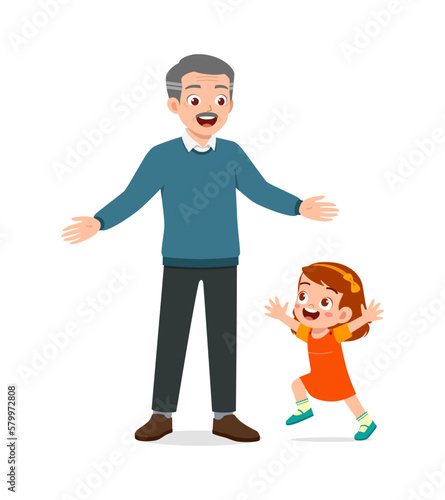 little kid hugging grandfather and feel happy