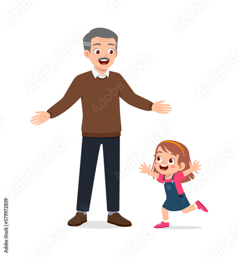 little kid hugging grandfather and feel happy