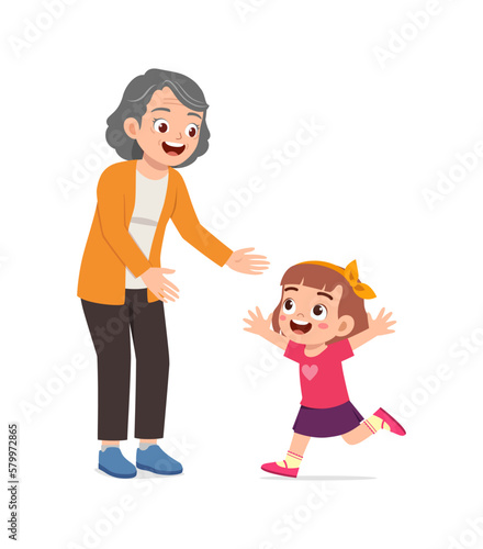 little kid hugging grandmother and feel happy