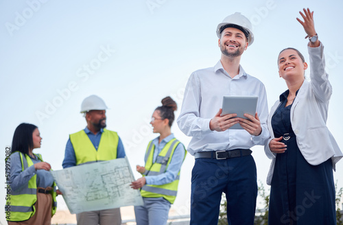Outdoor, blueprint and architecture people planning, teamwork and collaboration at construction site. Engineering project, floor plan and manager woman talking to contractor of building development