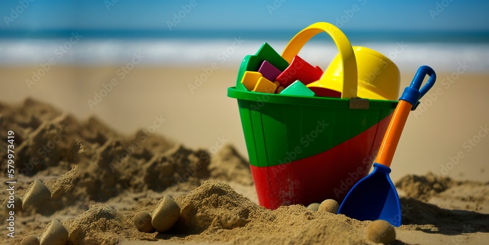 Beach toys in the sand, vacation with children. generate by ai Beach toys in the sand, vacation with children. generate by ai