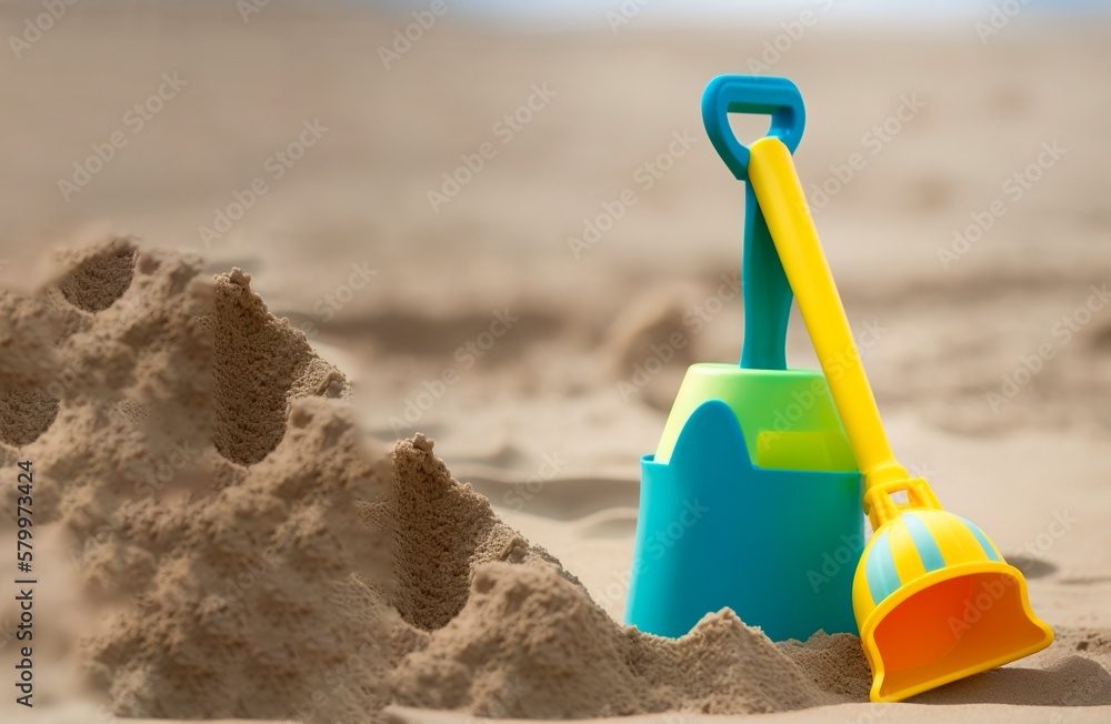 Beach toys in the sand, vacation with children. generate by ai Beach toys in the sand, vacation with children. generate by ai