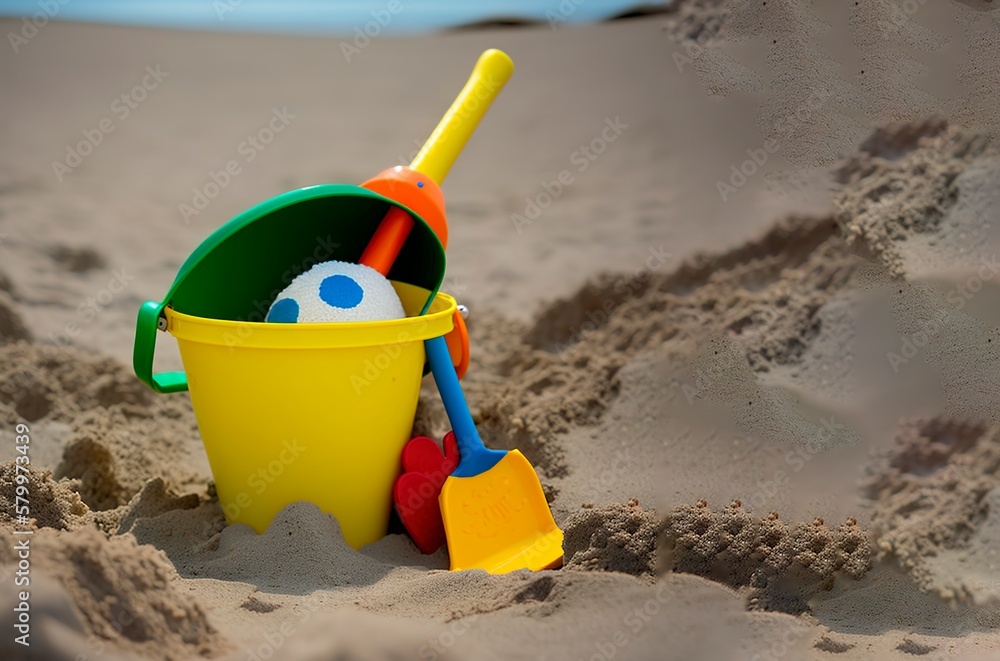Beach toys in the sand, vacation with children. generate by ai Beach toys in the sand, vacation with children. generate by ai