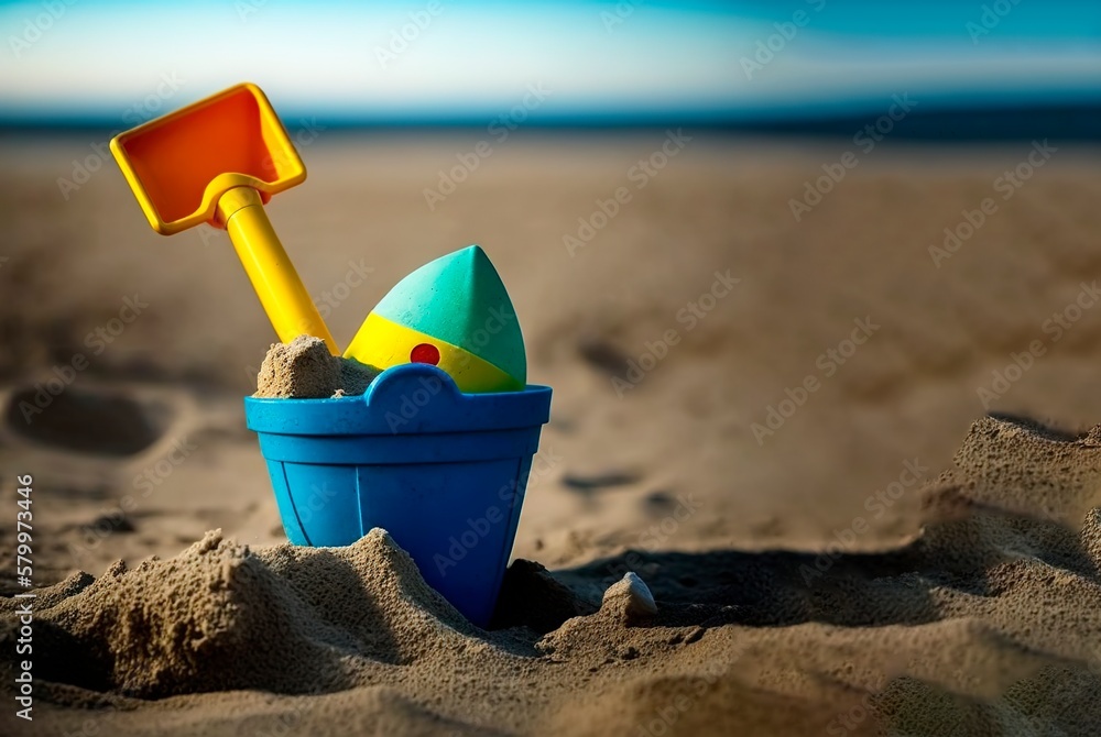 Beach toys in the sand, vacation with children. generate by ai Beach toys in the sand, vacation with children. generate by ai