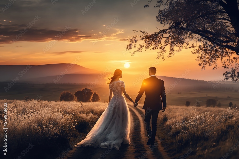 Landscape at sunset of a newly married couple. Just Married. generate by ai