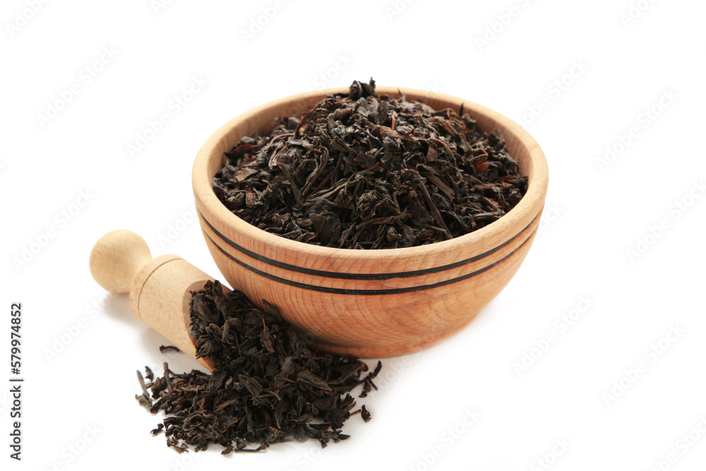 Dry tea leaves in bowl isolated on white background. Dry tea leaves in bowl isolated on white background.
