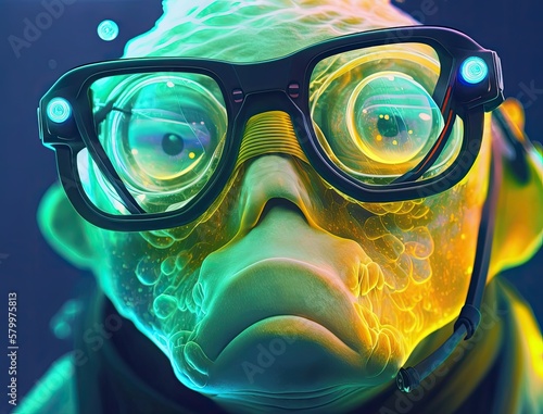 Unhappy funny fish face anthropomorphic person in glasses neon glowing, amusing humorous underwater fish face smartass nerd concept, generative AI