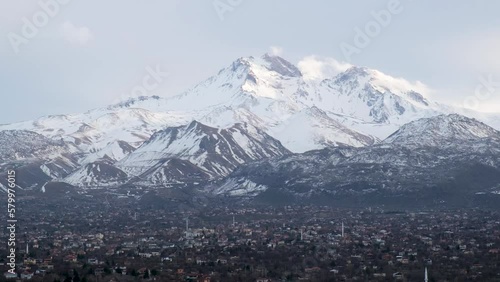 Vview of Erciyes mountain covered with snow. with Hacilar district, in Kayseri city 
