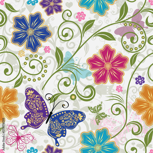 Vector white seamless Easter spring pattern with flowers and butterflies
