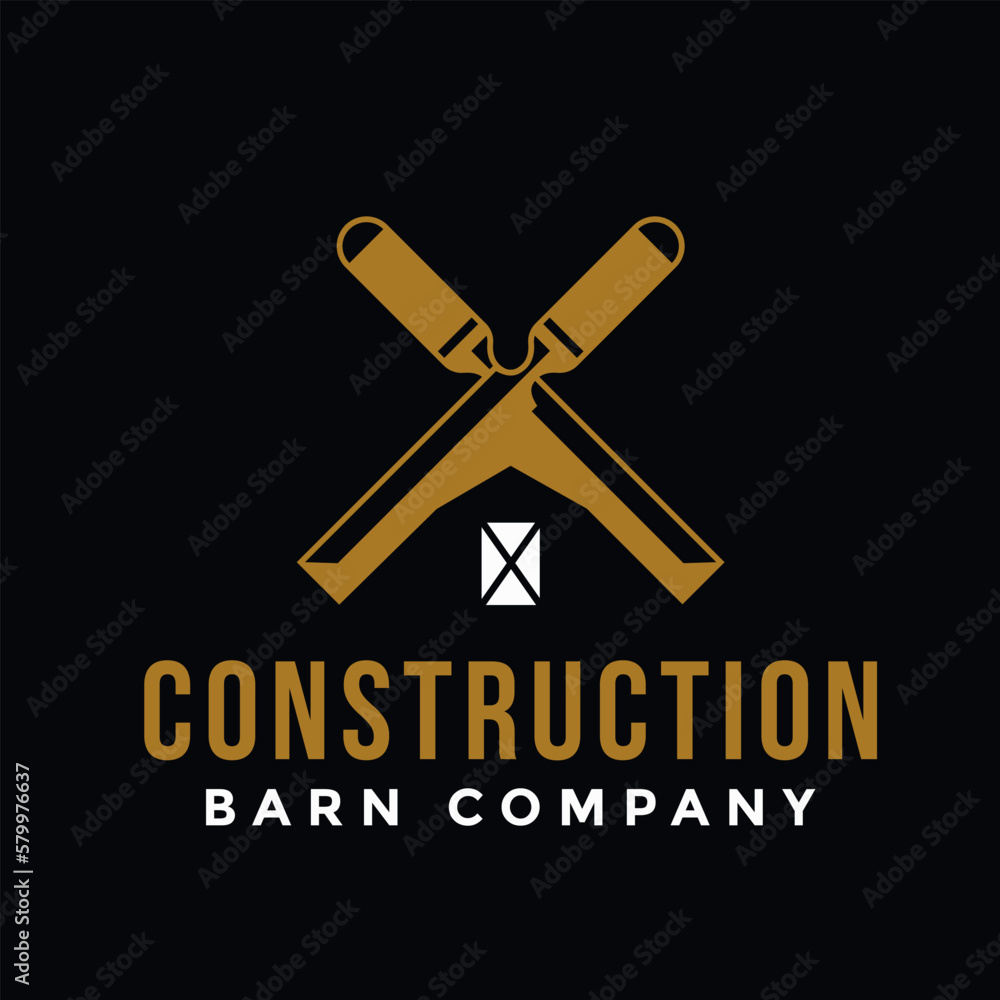 Barn construction company logo or woodwork logo with chisel and negative space of barn. Perfect logo for woodworking construction. Barn construction company logo or woodwork logo with chisel and negative space of barn. Perfect logo for woodworking construction.