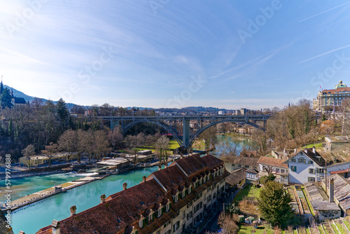 Scenic view over City of Bern with Matte district, old town, Aare River and Church Field Bridge on a sunny winter day. Photo taken February 21st, 2023, Bern, Switzerland.