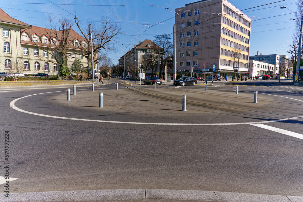 Roundabout at Swiss City of Bern on a sunny winter day. Photo taken February 21st, 2023, Bern, Switzerland.