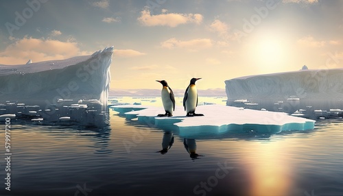 Foto Two penguins stand on melting ice in Arctic Ocean global warming concept, world global planet climate change