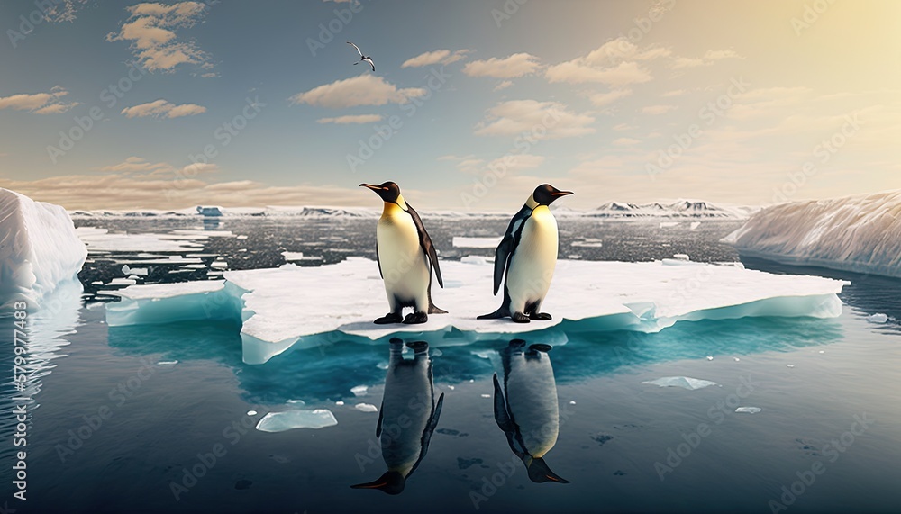 Two penguins stand on melting ice in Arctic Ocean global warming