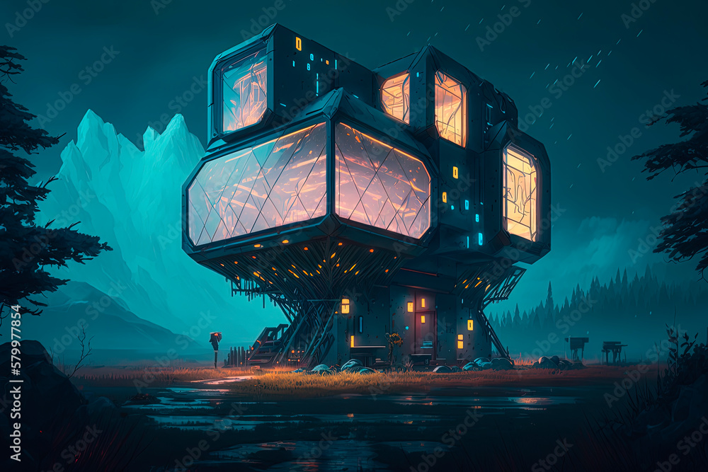 A futuristic house in the middle of the night landscape. Generative AI