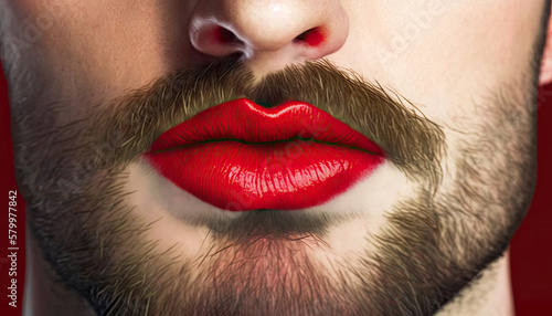 Male lips red make up lipstick close up LGBT person with thick mustache and unshaven face, feminine man transgender with cosmetic red lips makeup, unshaven face gender fluid person, generative AI photo