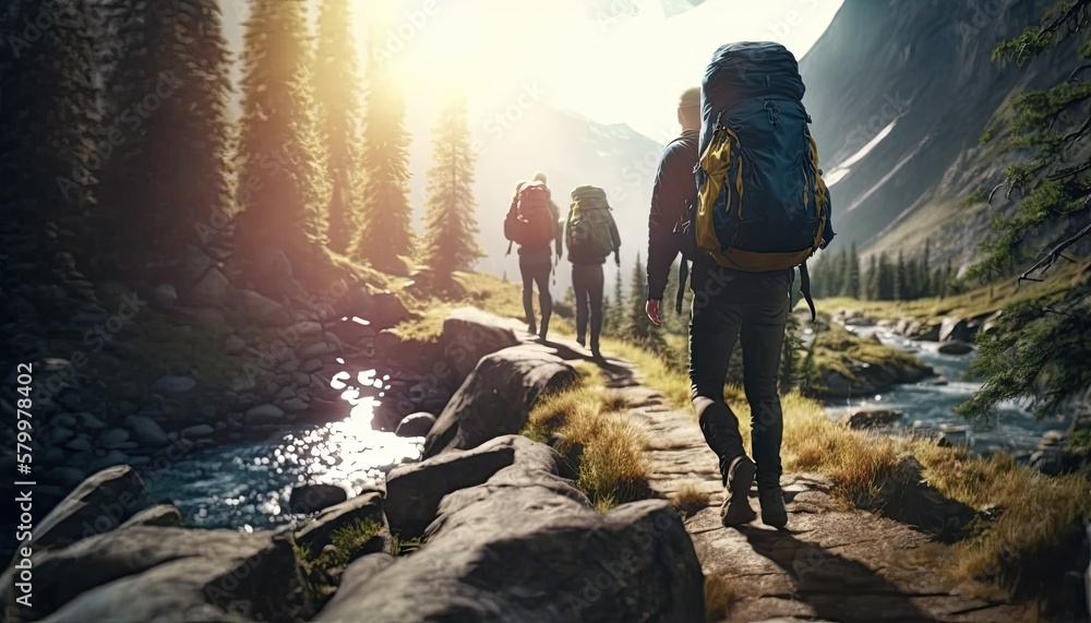 Trekking group of tourists with backpacks on mountain footpath among river forest, beautiful sunlight above nature landscape, wandering nomads wanderlust hiking concept, generative AI - obrazy, fototapety, plakaty 