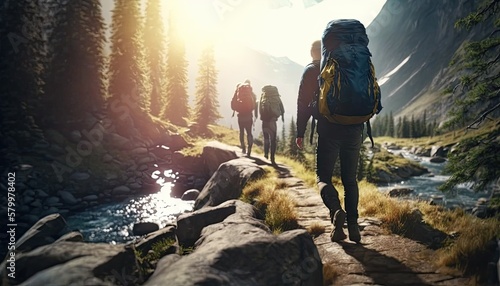 Trekking group of tourists with backpacks on mountain footpath among river forest, beautiful sunlight above nature landscape, wandering nomads wanderlust hiking concept, generative AI photo
