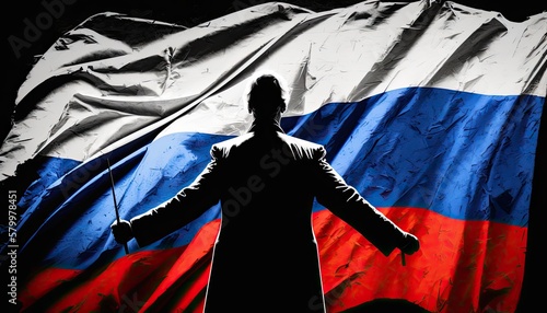 Silhouette of conductor on Russia flag background country management concept for one person, political management of russian national government. Conductor man silhouette on russian flag generative AI