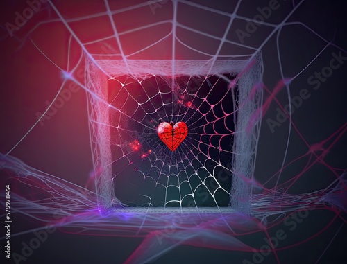 Red heart got caught in spider web on blurred dark background, captivity feeling of love concept, human feelings in blind love. Red heart love symbol in trapped in white spider web, generative AI photo