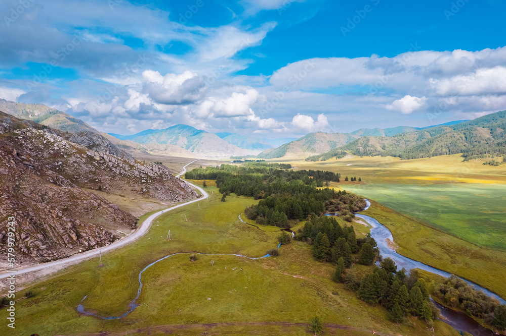 Fototapeta premium Summer landscape Altai mountains summer Russia, aerial top view