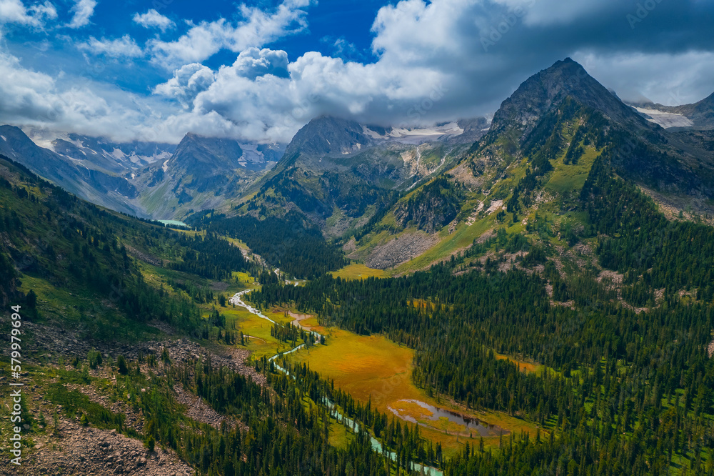 Fototapeta premium Summer Landscape beautiful mountains Altai with Multe lake, Aerial top view