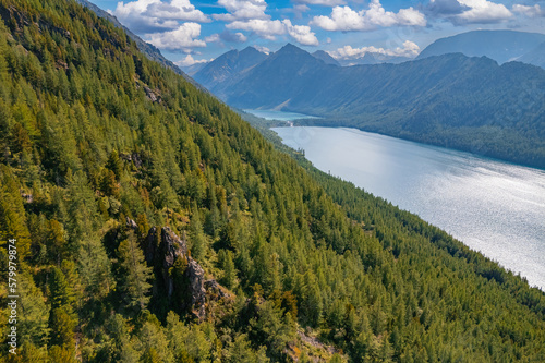 Fototapeta Naklejka Na Ścianę i Meble -  Aerial top view Summer Landscape beautiful Multinskoye lake mountains Altai