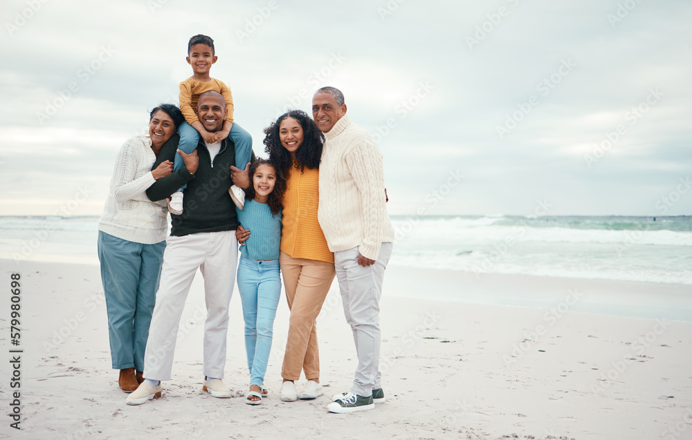 Portrait, mockup and family on beach, holiday and relax together for quality time, smile and break. Love, grandparents, children and mother with father, vacation and happiness for seaside journey Portrait, mockup and family on beach, holiday and relax together for quality time, smile and break. Love, grandparents, children and mother with father, vacation and happiness for seaside journey