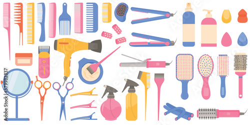 Vector cartoon set with hairdressing tools for a beauty salon. The concept of self-care and beauty services. Cute elements for your design