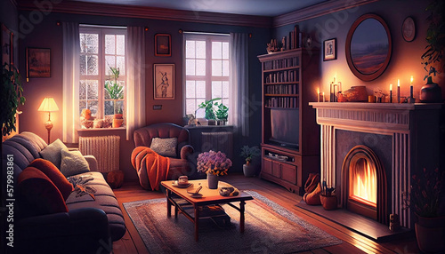 Living room with fireplace  furniture  sofa  interior  decor  lamp  Generative AI