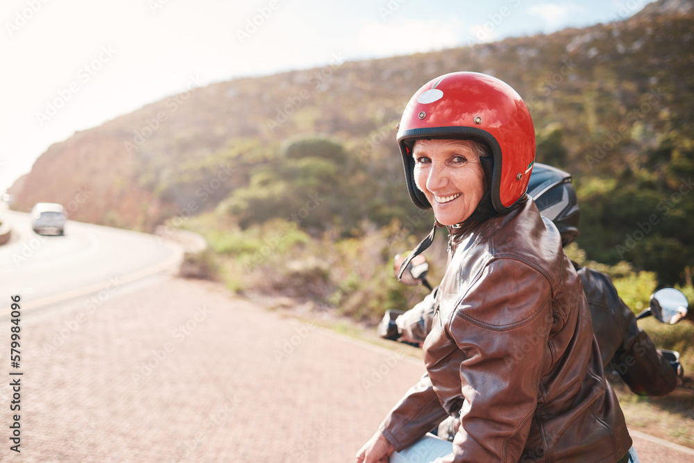 Travel, motorcycle and portrait of senior woman with man on a road for driving, adventure and freedom. Face, bikers and old couple on motorbike, happy and having fun on retirement, journey or highway Travel, motorcycle and portrait of senior woman with man on a road for driving, adventure and freedom. Face, bikers and old couple on motorbike, happy and having fun on retirement, journey or highway