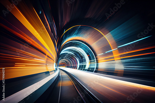 long exposure dynamic speed light trails in a tunnel . generative ai. 