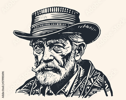 An old cowboy in a hat with a gray beard and mustache, with a sad look. Retro linocut engraving style. Vector illustration	