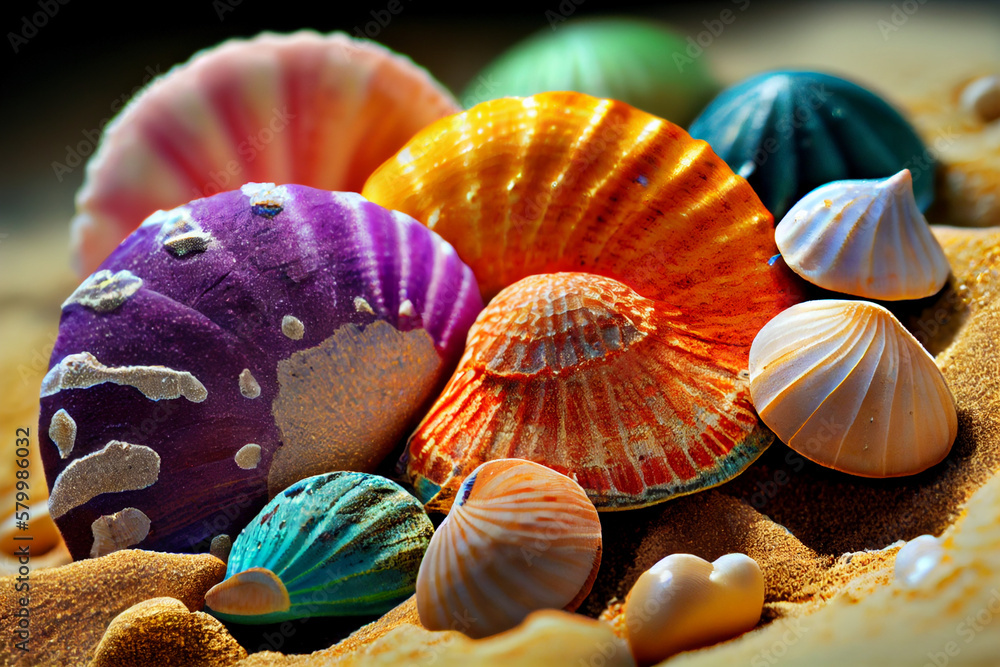Colored seashells on sandy beach. generative ai Colored seashells on sandy beach. generative ai