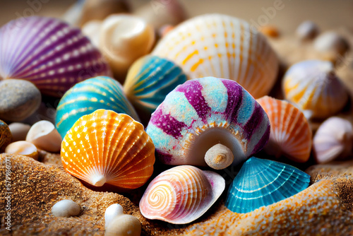 Colored seashells on sandy beach. generative ai