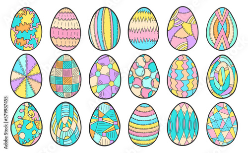 Easter eggs abstract geometric doodle set. Spring holiday symbol. Egg ornament sketch. Abstract easter doodles. Easter eggs set.