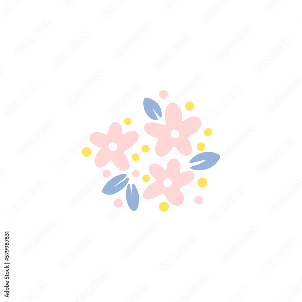 Trendy flower composition. Simple small daisies with leaves in vector. Hand drawn cartoon linocut isolated cute flowers on white background.