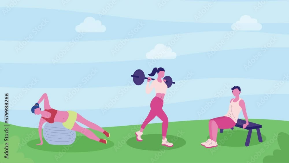 three athletes practicing exercises characters animation three athletes practicing exercises characters animation